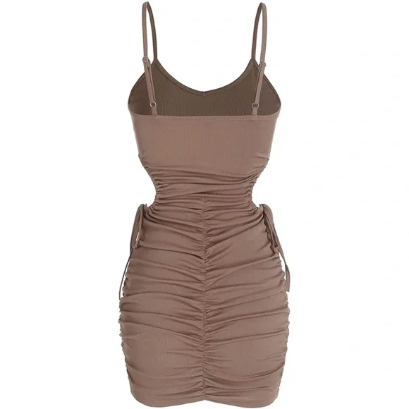 Ribbed V-Neck Waist Side Cutout Tie Ruched Slinky Bodycon Mini Dress Coffee S - Picture 5 of 15